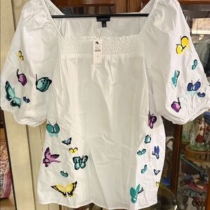 Talbots White Blouse with Colorful Butterfly Embroidery